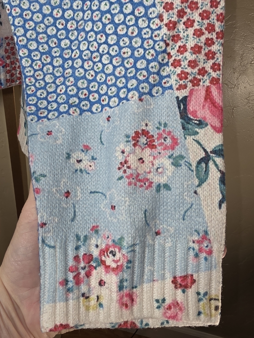 Patchwork Floral Polka Dot Oversized Button-Front Sweater Cardigan in Pink Blue - Picture 5 of 9